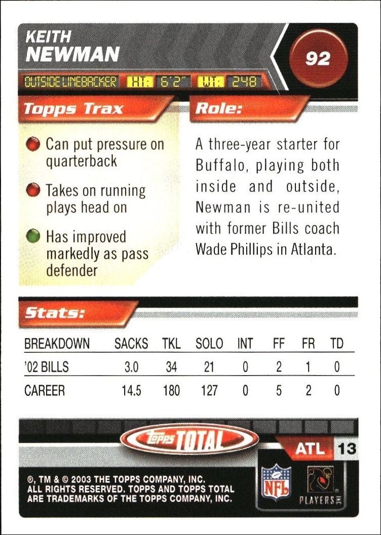 2003 Topps Total Keith Newman #92 football trading card back