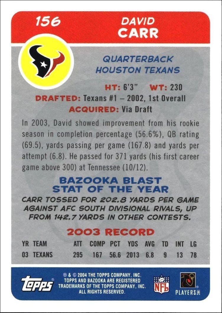 2004 Topps Bazooka David Carr #156 football trading card back