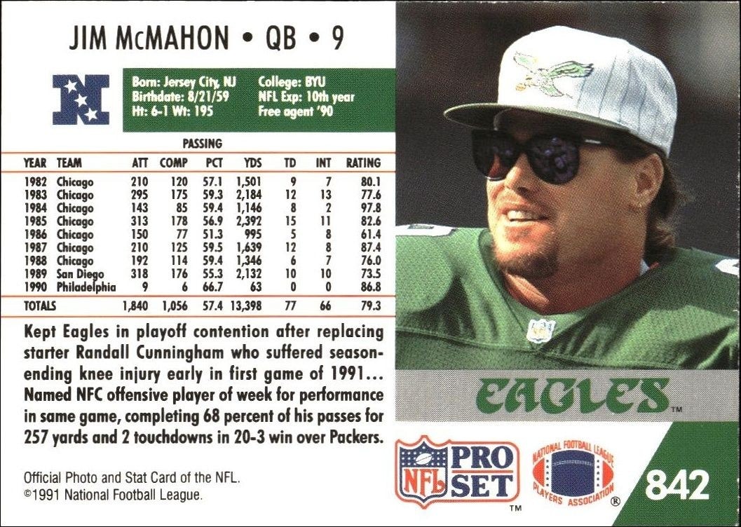 1991 Pro Set Jim McMahon #842 football trading card back