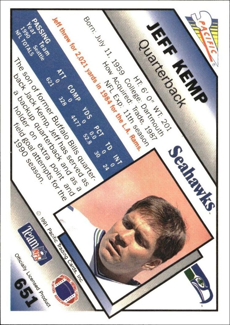 1991 Pacific Jeff Kemp #651 football trading card back