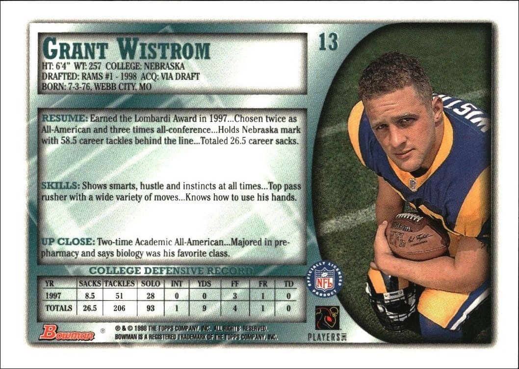1998 Bowman Grant Wistrom #13 football trading card back