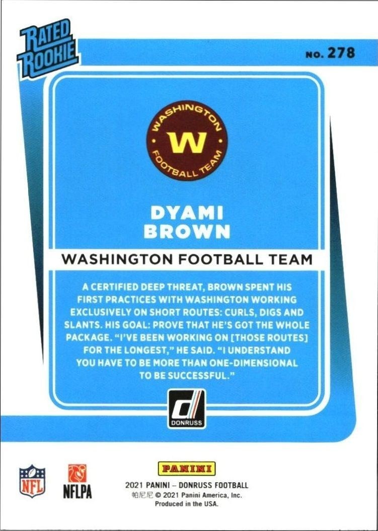 2021 Panini Donruss Dyami Brown #278 football trading card back