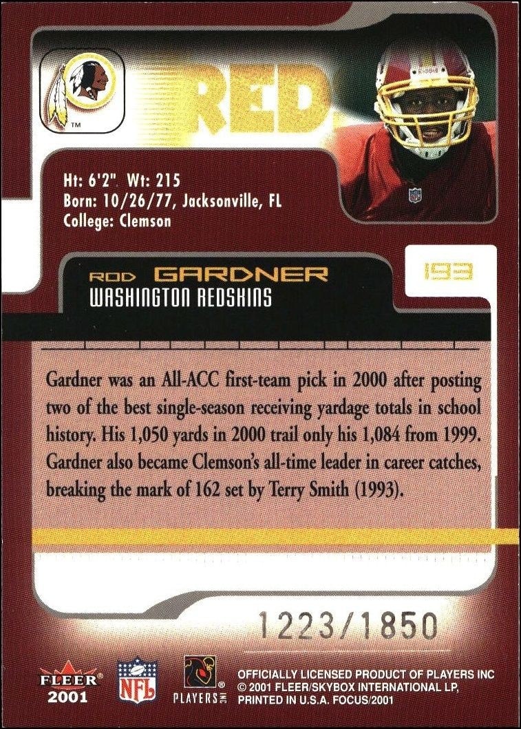 2001 Fleer Focus Rod Gardner #193 football trading card back