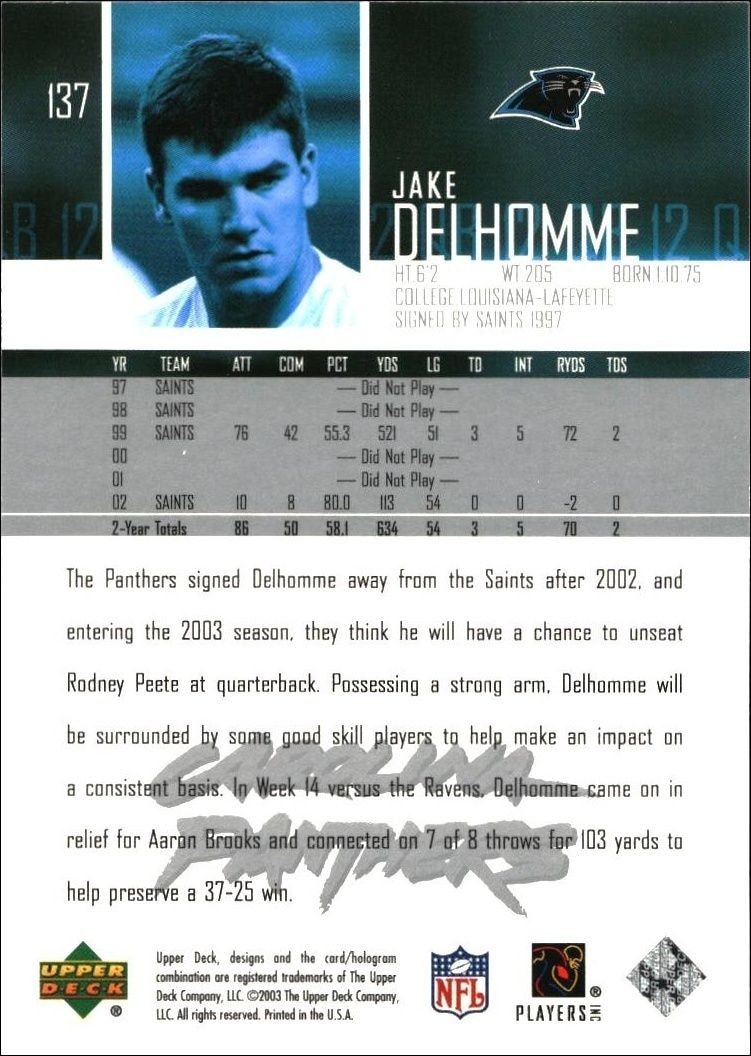 2003 Upper Deck Jake Delhomme #137 football trading card back