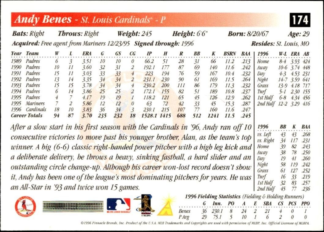 1997 Pinnacle Score Andy Benes #174 baseball trading card back
