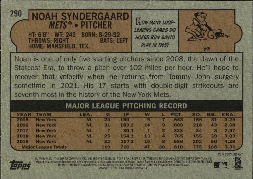 2021 Topps Heritage Noah Syndergaard #290 baseball trading card back