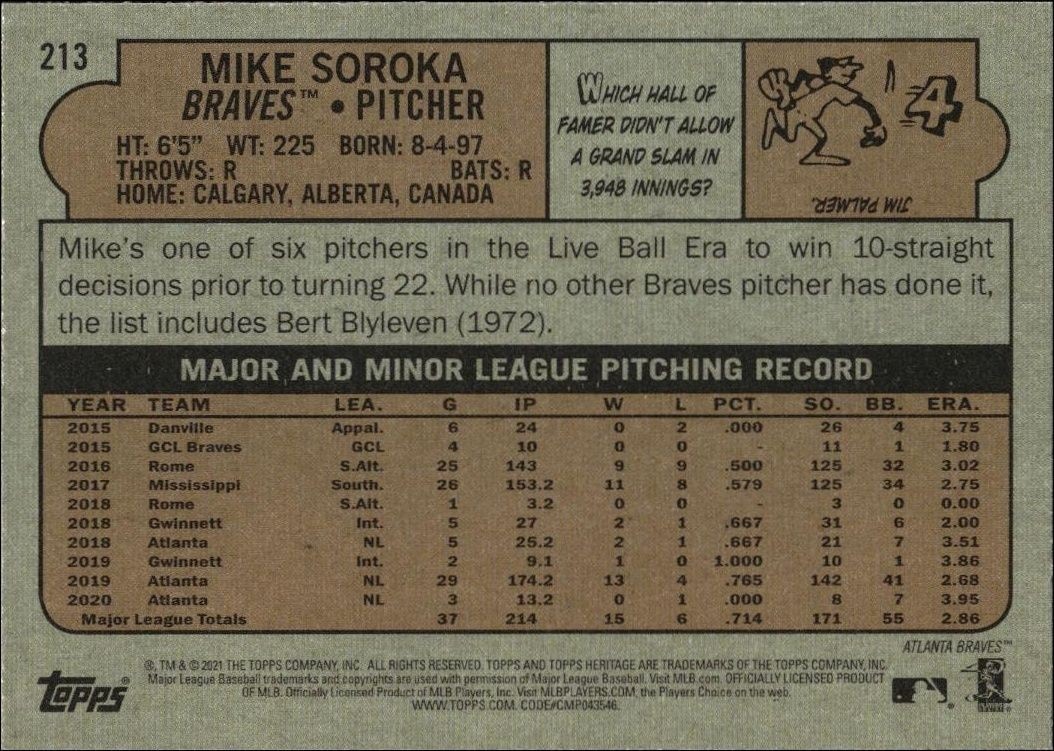 2021 Topps Heritage Mike Soroka #213 baseball trading card back
