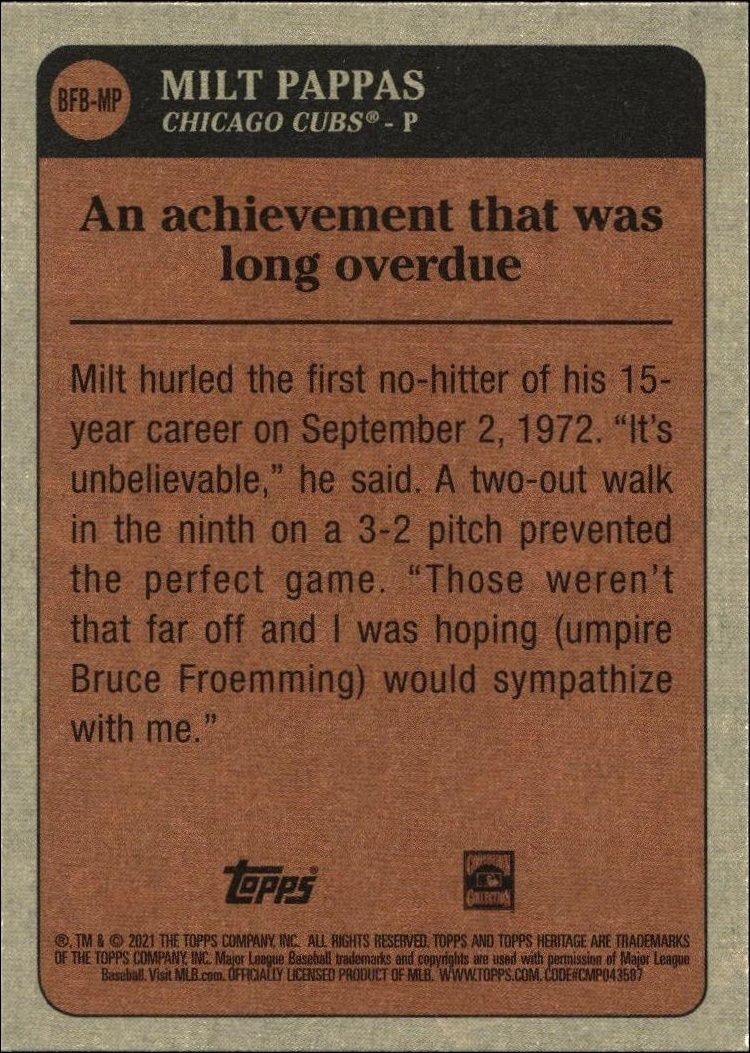 2021 Topps Heritage Milt Pappas #BFB-MP baseball trading card back