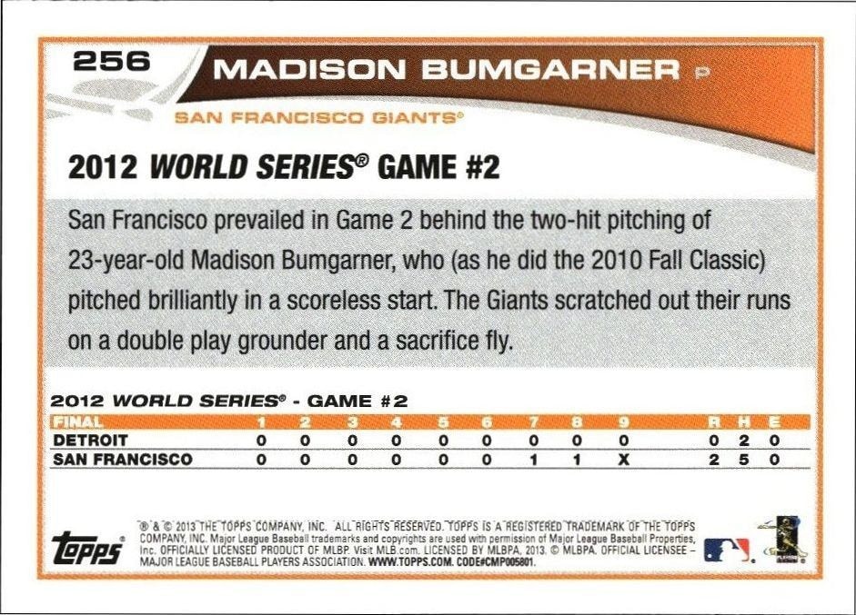 2013 Topps Madison Bumgarner #256 baseball trading card back