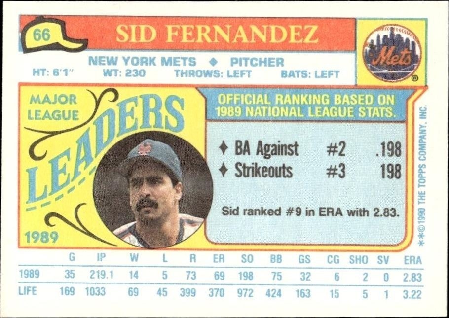 1990 Topps Minis Sid Fernandez #66 baseball trading card back