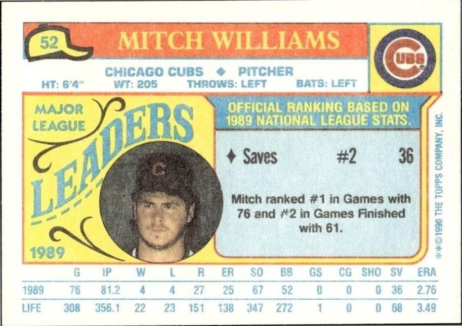 1990 Topps Minis Mitch Williams #52 baseball trading card back