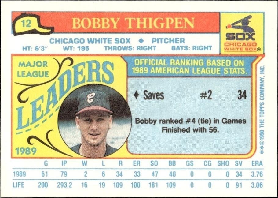 1990 Topps Minis Bobby Thigpen #12 baseball trading card back