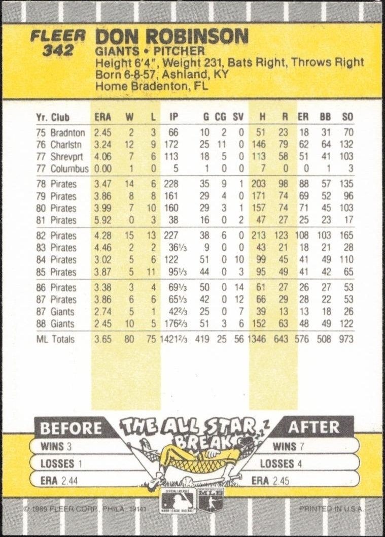 1989 Fleer Don Robinson #342 baseball trading card back