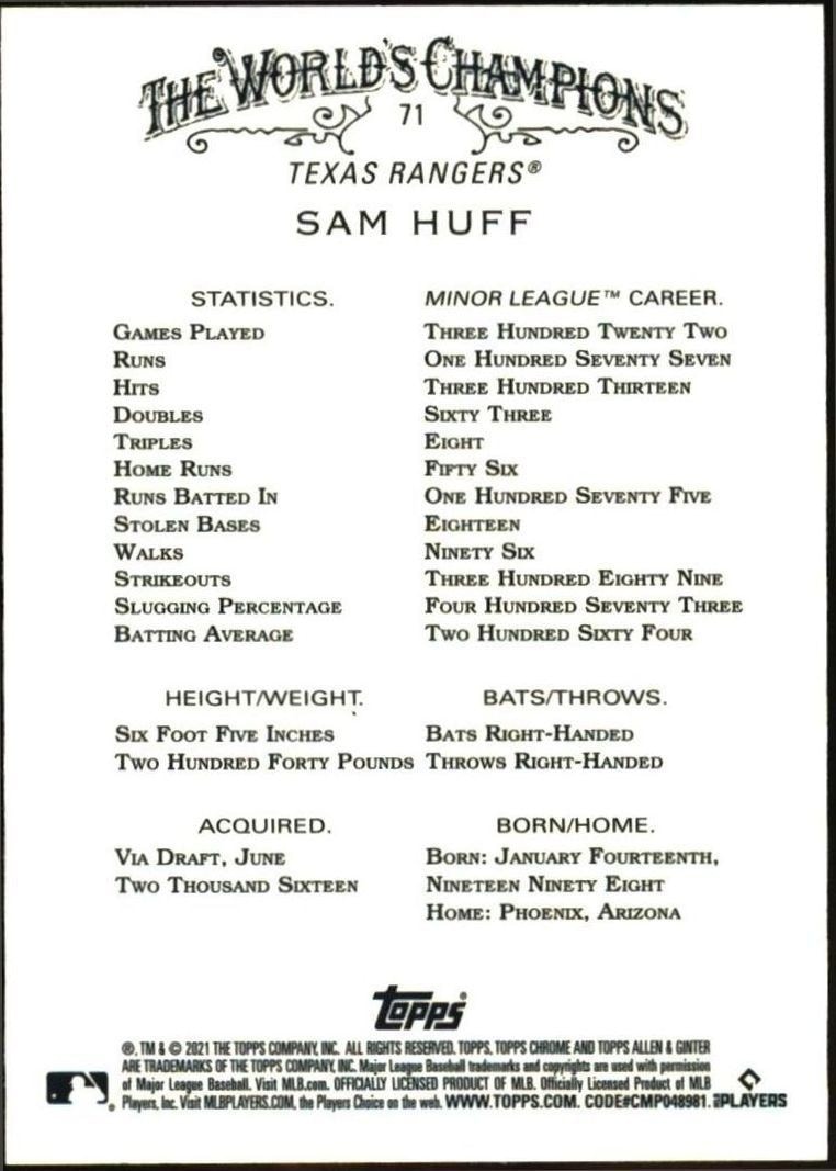 2021 Topps Allen & Ginter Chrome Sam Huff #71 baseball trading card back