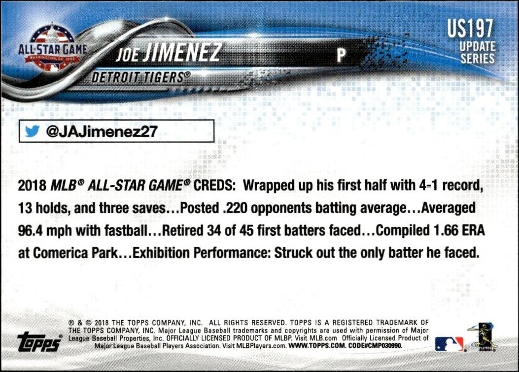 2018 Topps Update Series Joe Jimenez #US197A baseball trading card back