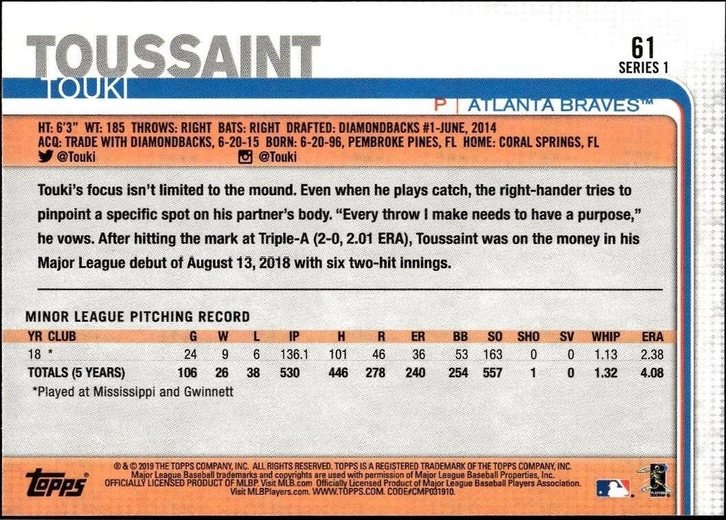 2019 Topps Touki Toussaint #61 baseball trading card back