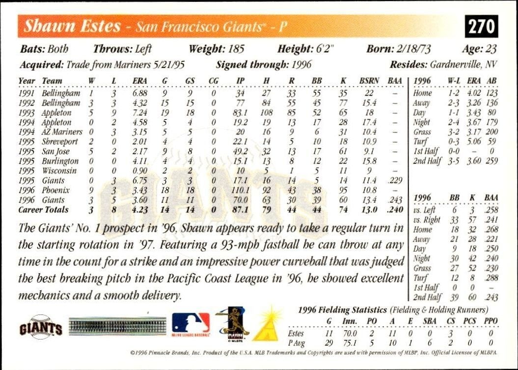 1997 Pinnacle Score Shawn Estes #270 baseball trading card back