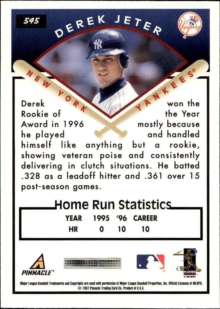 1997 Pinnacle Score Derek Jeter #545 baseball trading card back