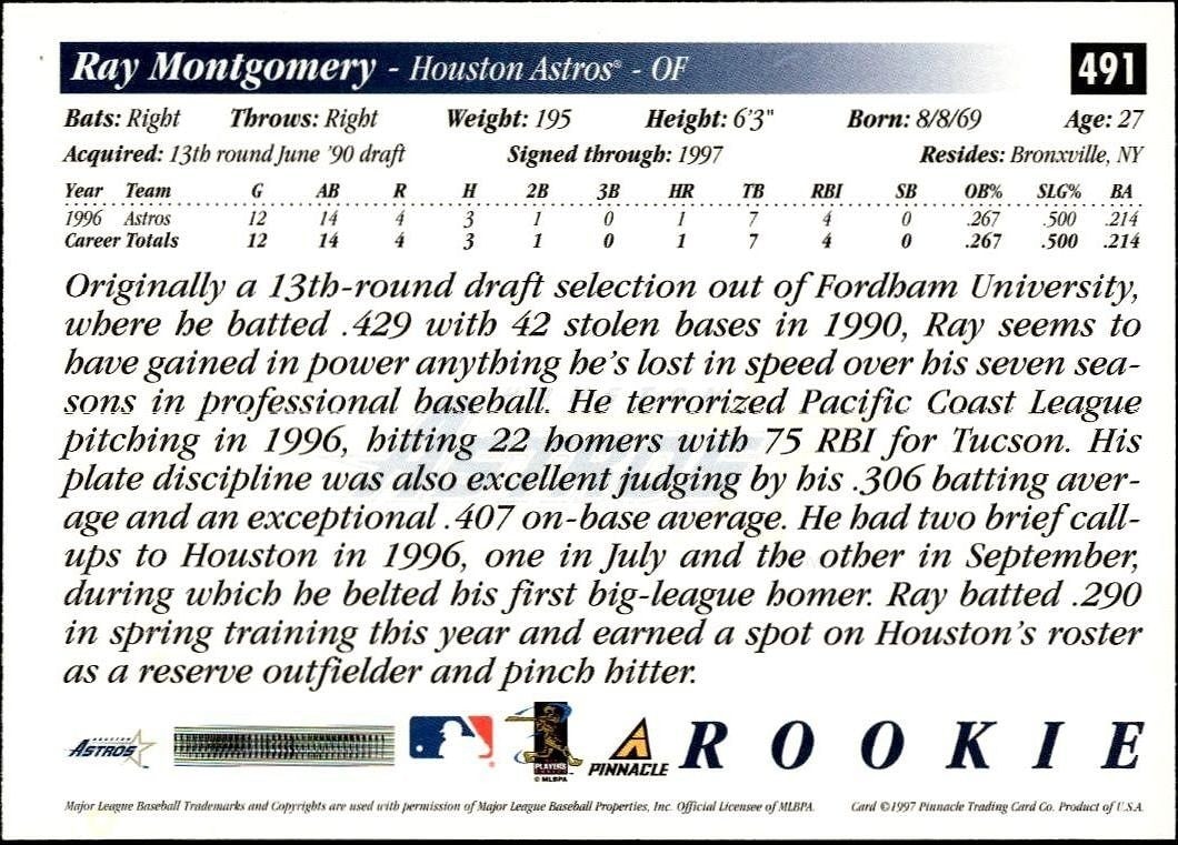 1997 Pinnacle Score Ray Montgomery #491 baseball trading card back