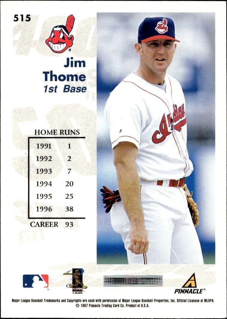 1997 Pinnacle Score Jim Thome #515 baseball trading card back