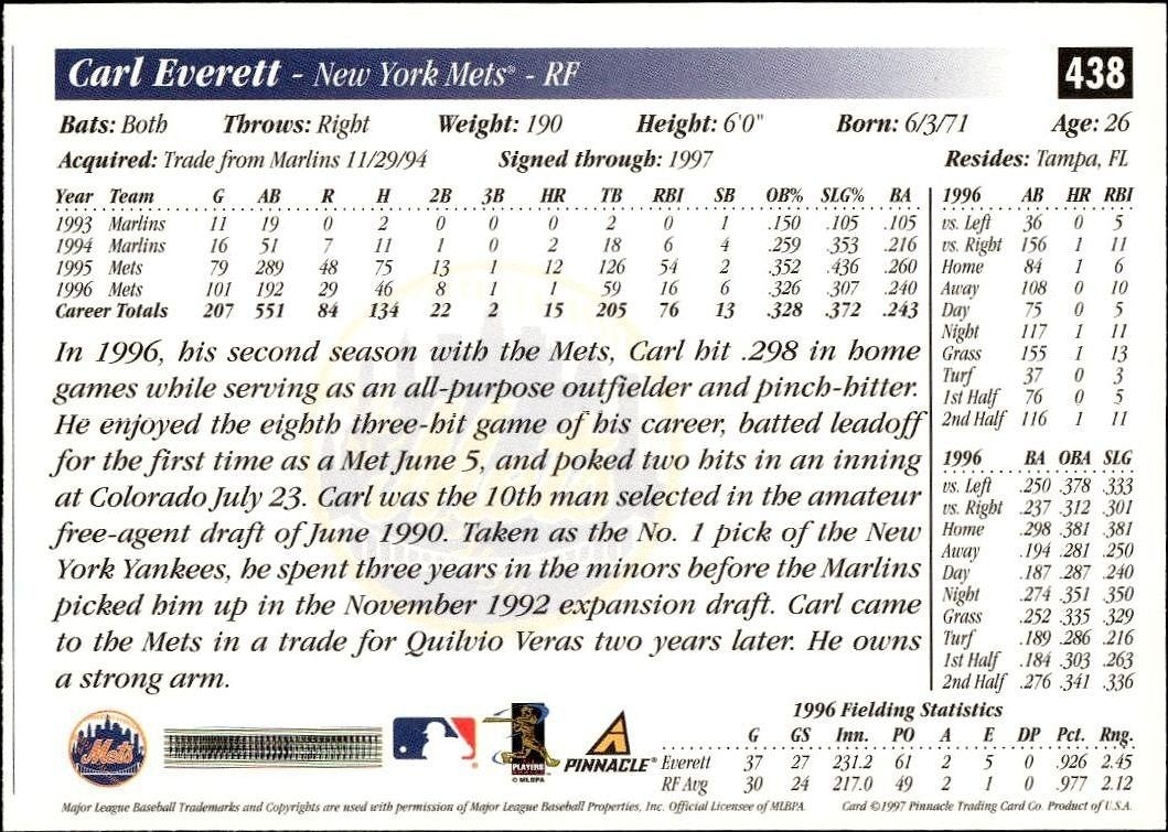 1997 Pinnacle Score Carl Everett #438 baseball trading card back