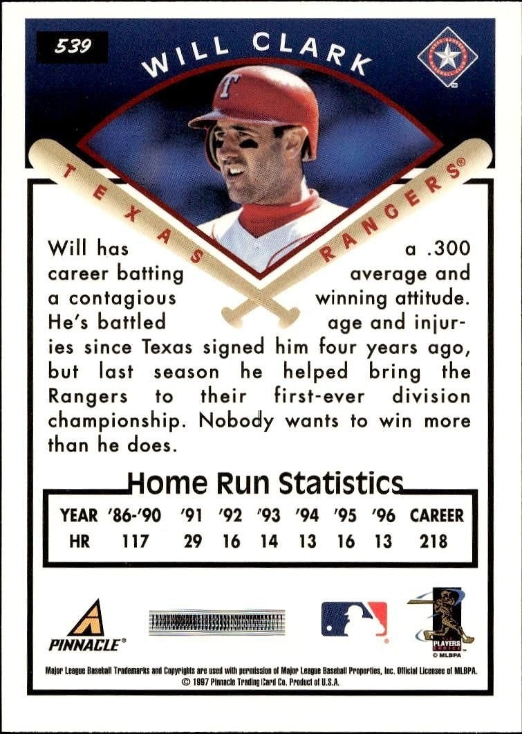 1997 Pinnacle Score Will Clark #539 baseball trading card back