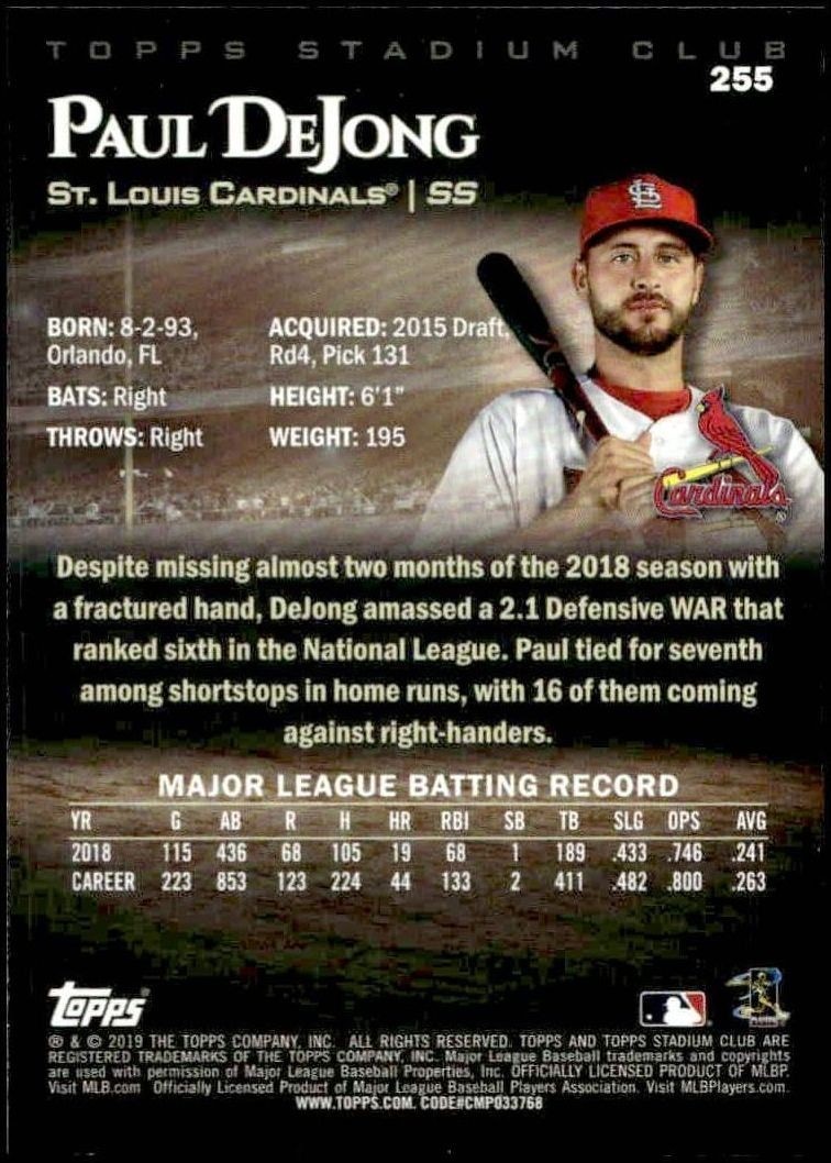 2019 Topps Stadium Club Paul DeJong #255 baseball trading card back