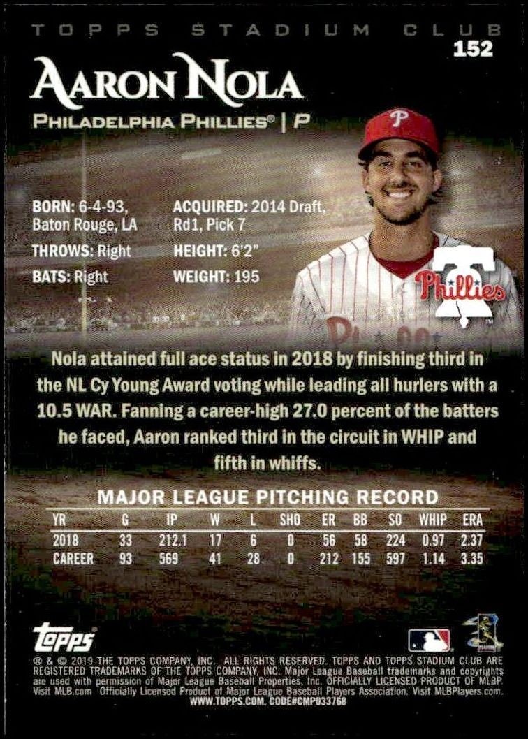 2019 Topps Stadium Club Aaron Nola #152 baseball trading card back