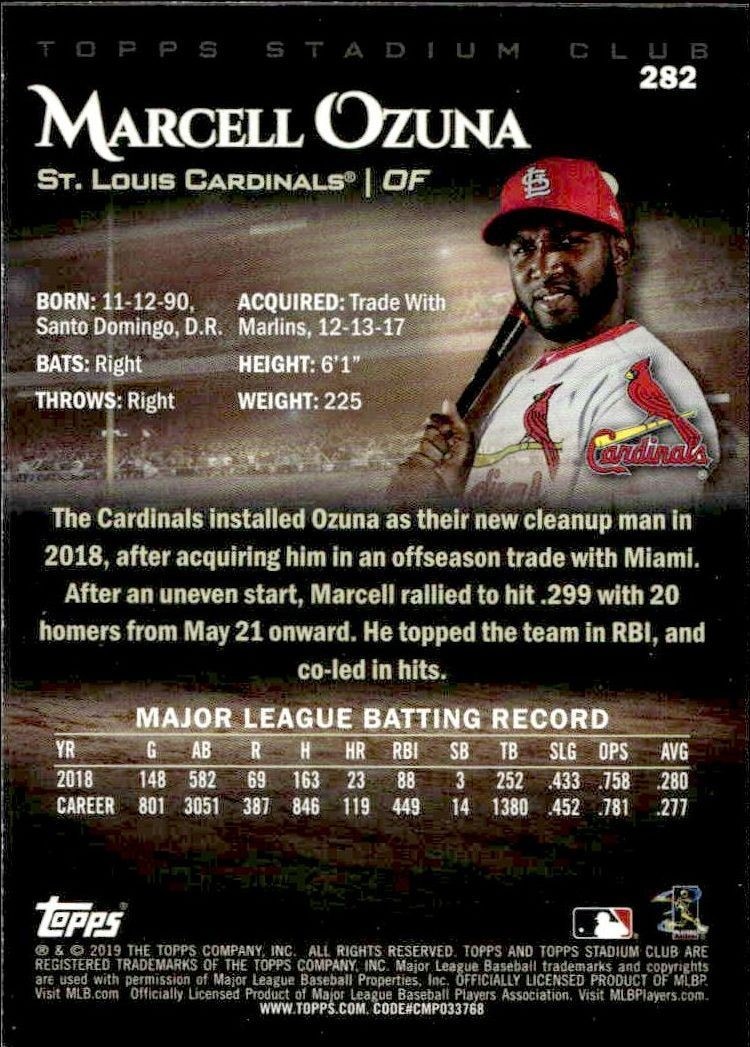 2019 Topps Stadium Club Marcell Ozuna #282 baseball trading card back