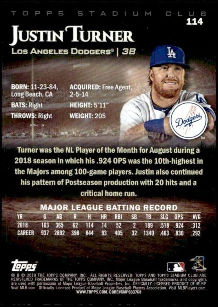 2019 Topps Stadium Club Justin Turner #114 baseball trading card back