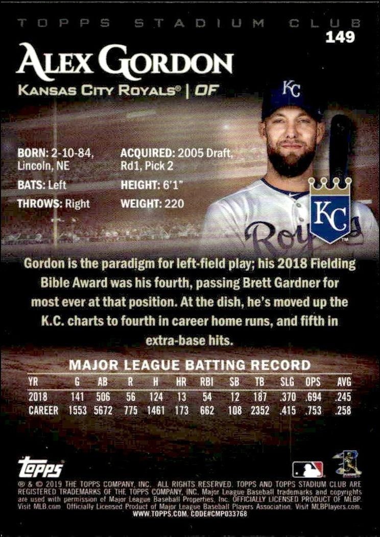 2019 Topps Stadium Club Alex Gordon #149 baseball trading card back