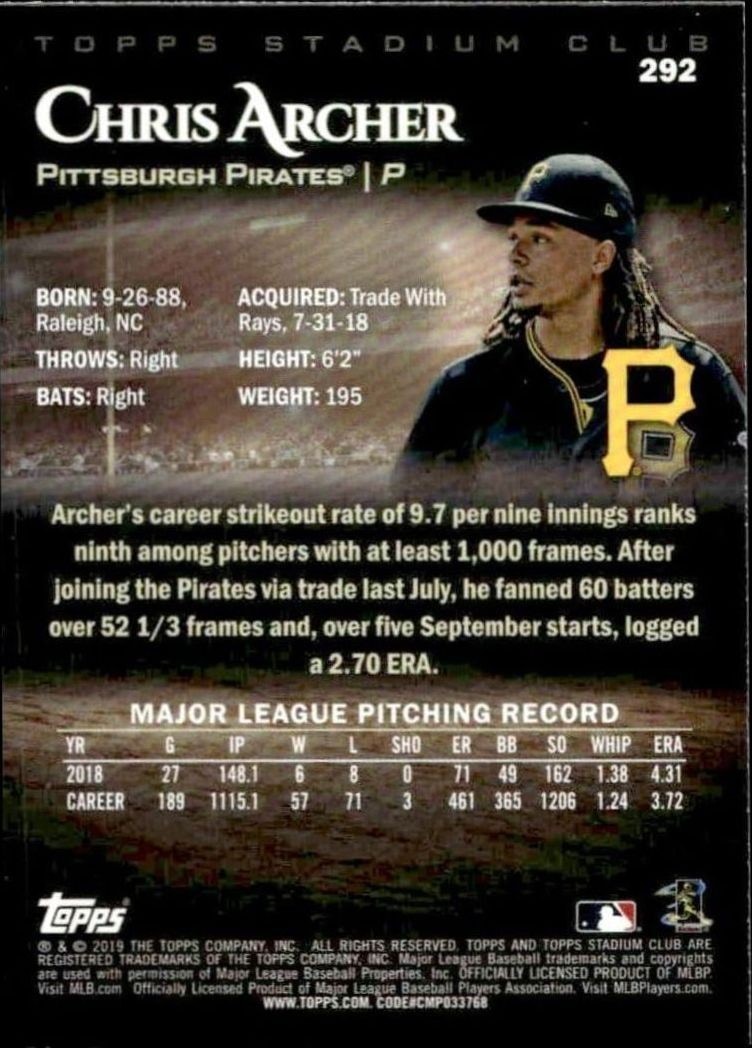 2019 Topps Stadium Club Chris Archer #292 baseball trading card back