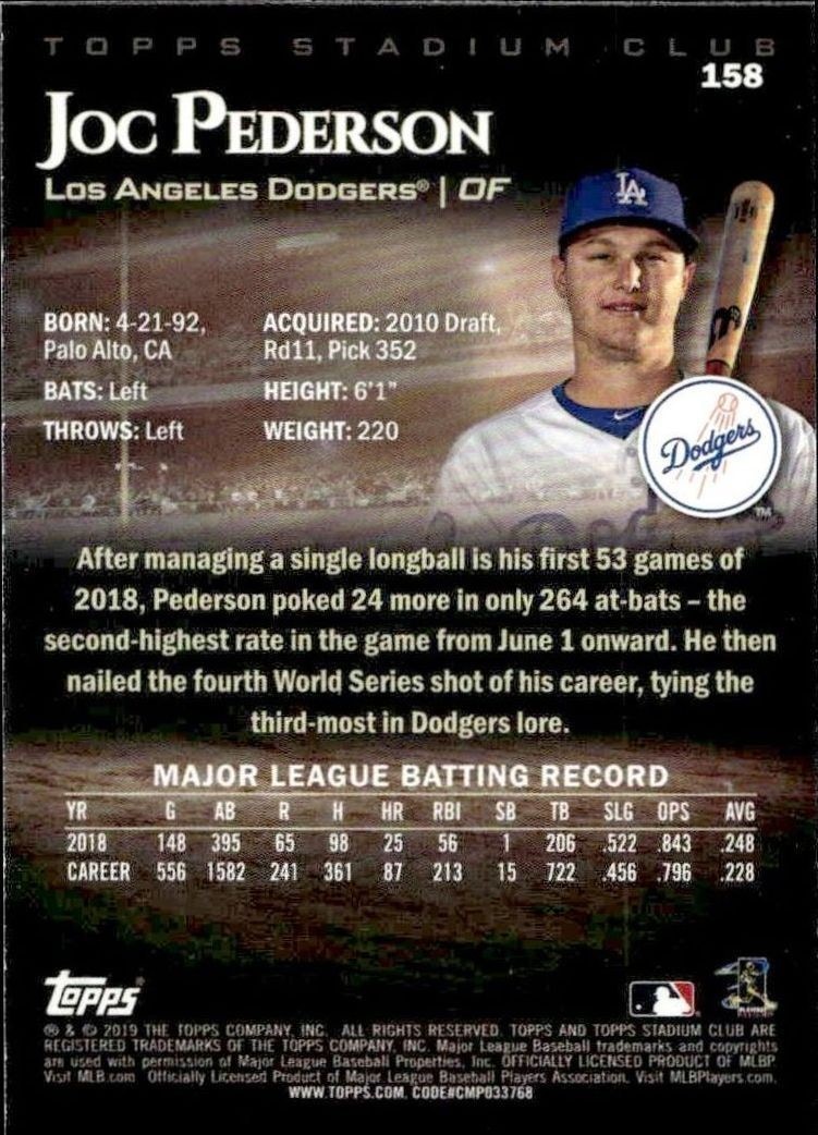2019 Topps Stadium Club Joc Pederson #158 baseball trading card back