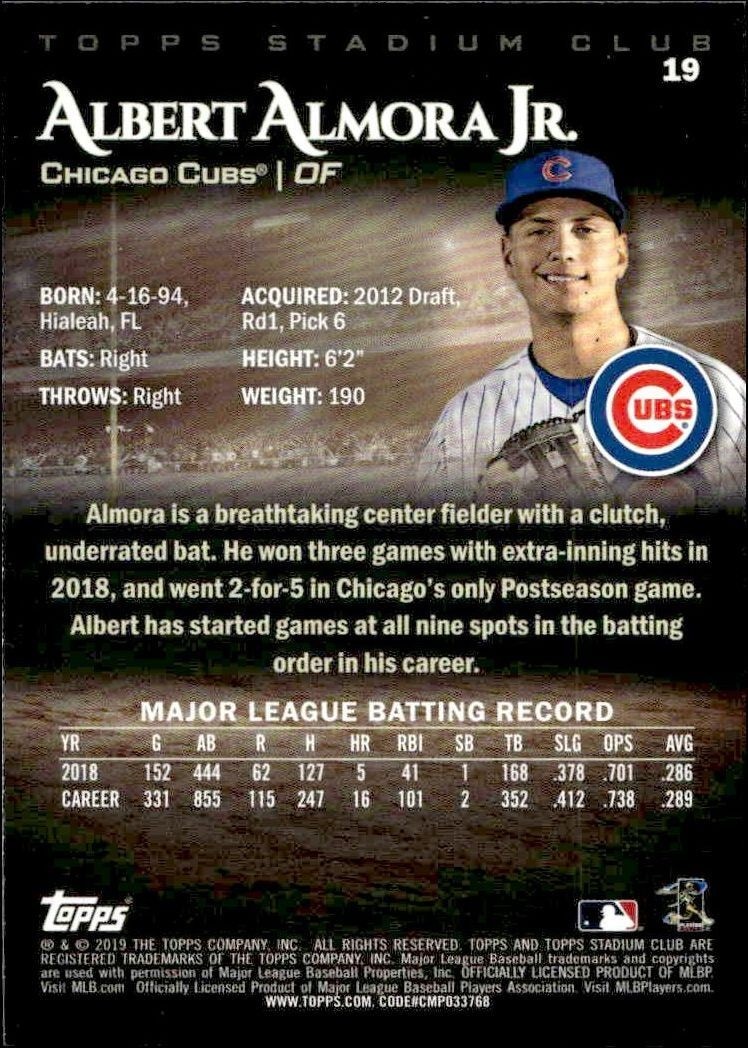 2019 Topps Stadium Club Albert Almora Jr. #19 baseball trading card back