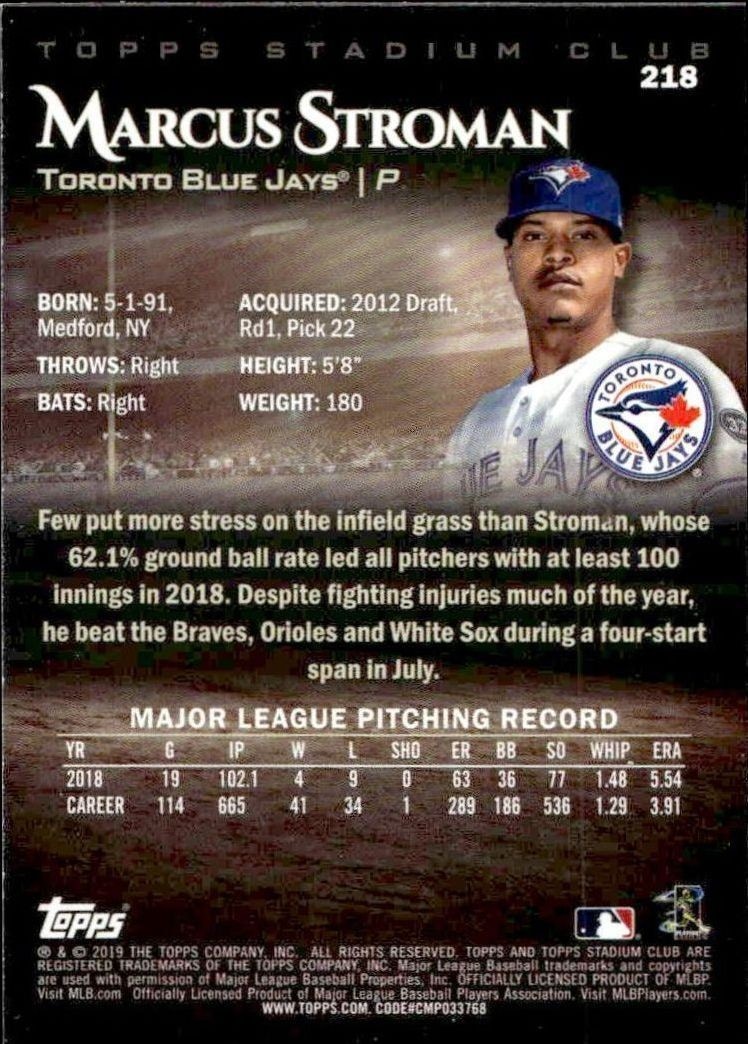 2019 Topps Stadium Club Marcus Stroman #218 baseball trading card back