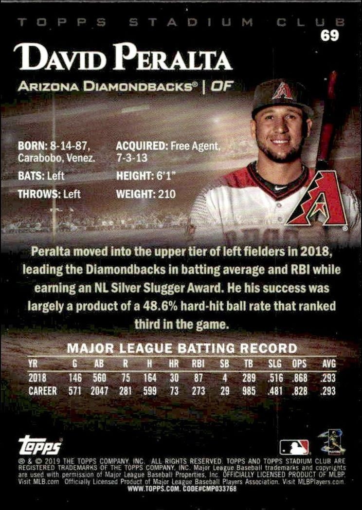 2019 Topps Stadium Club David Peralta #69 baseball trading card back