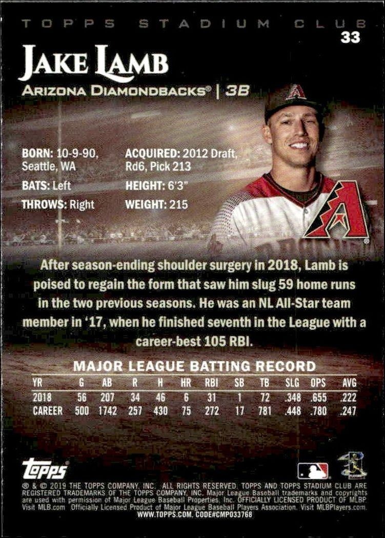 2019 Topps Stadium Club Jake Lamb #33 baseball trading card back