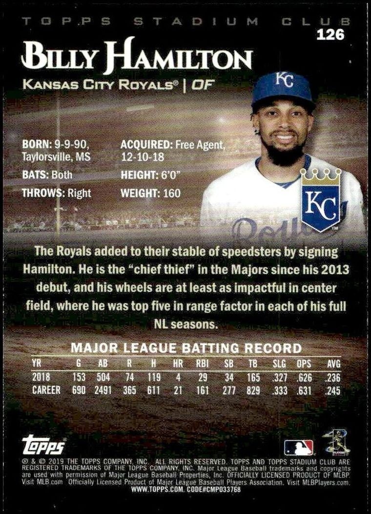 2019 Topps Stadium Club Billy Hamilton #126 baseball trading card back