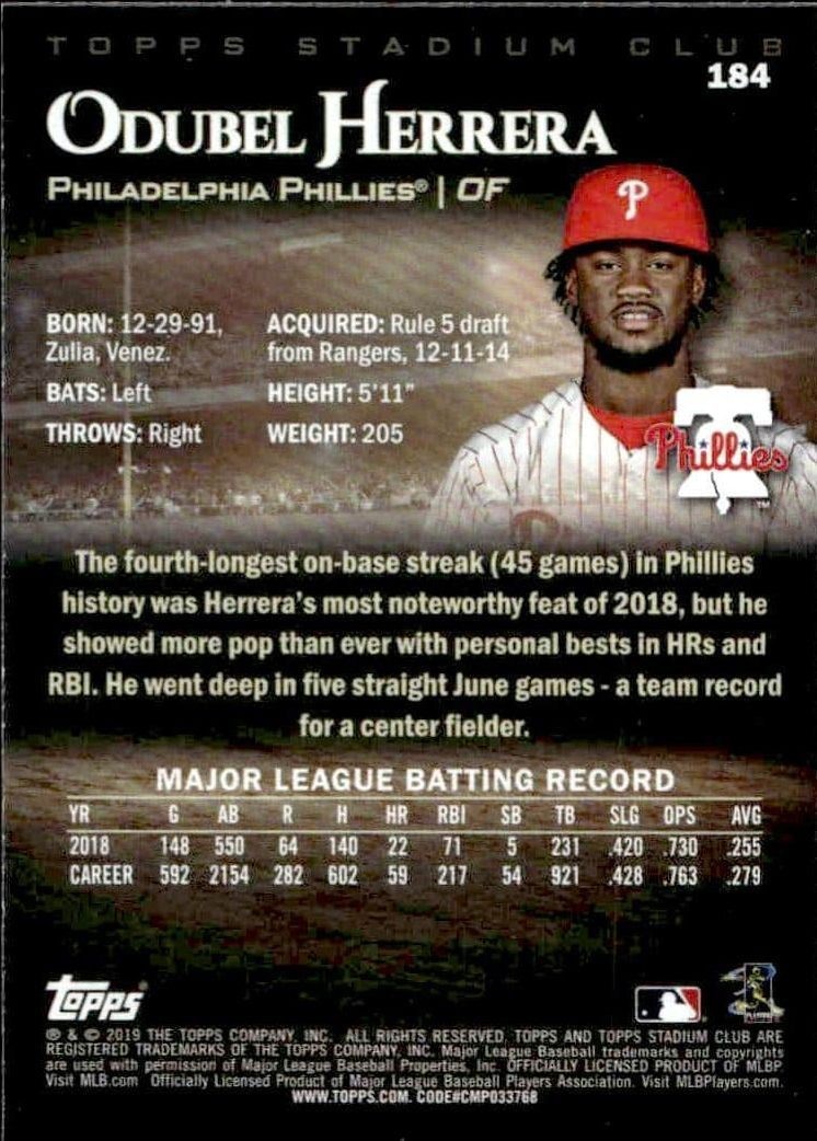 2019 Topps Stadium Club Odubel Herrera #184 baseball trading card back