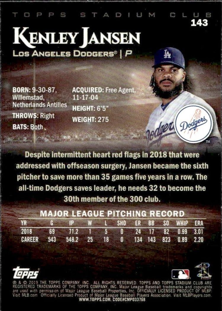 2019 Topps Stadium Club Kenley Jansen #143 baseball trading card back