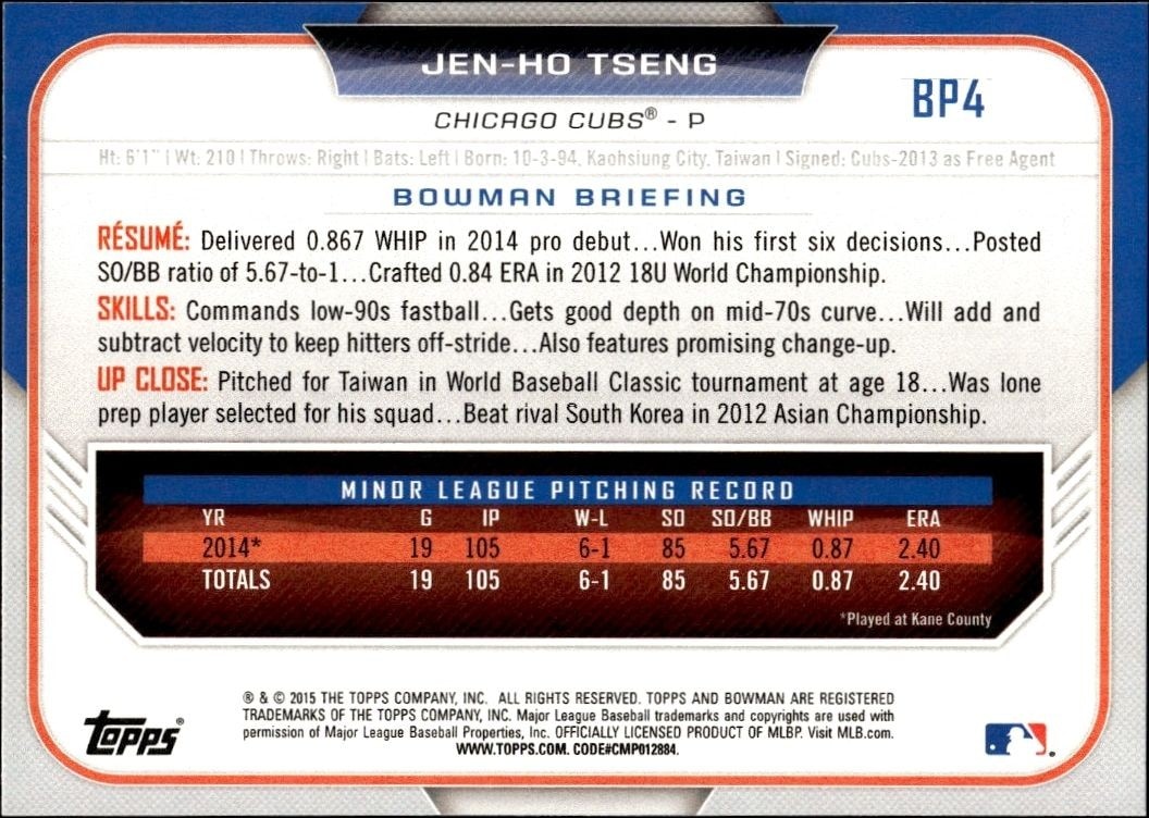 2015 Bowman Draft Jen-Ho Tseng #BP4 baseball trading card back