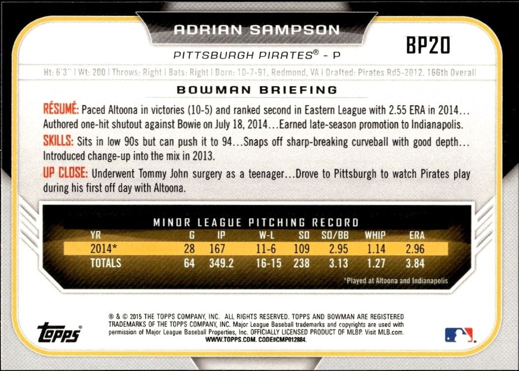 2015 Bowman Draft Adrian Sampson #BP20 baseball trading card back