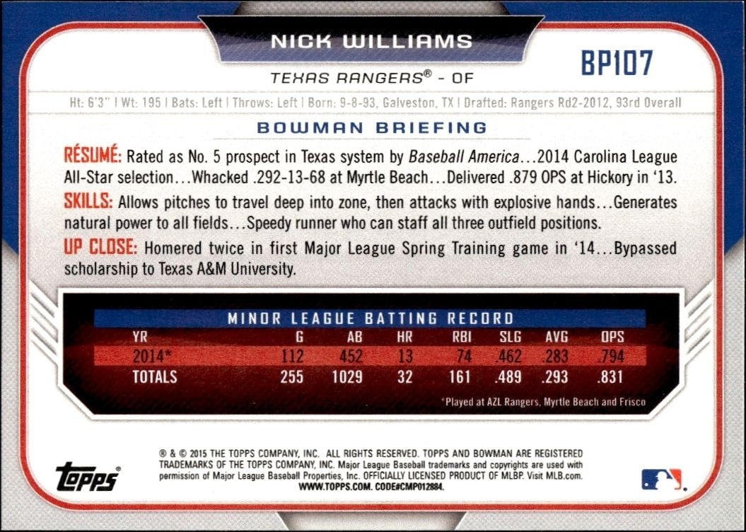 2015 Bowman Draft Nick Williams #BP107 baseball trading card back