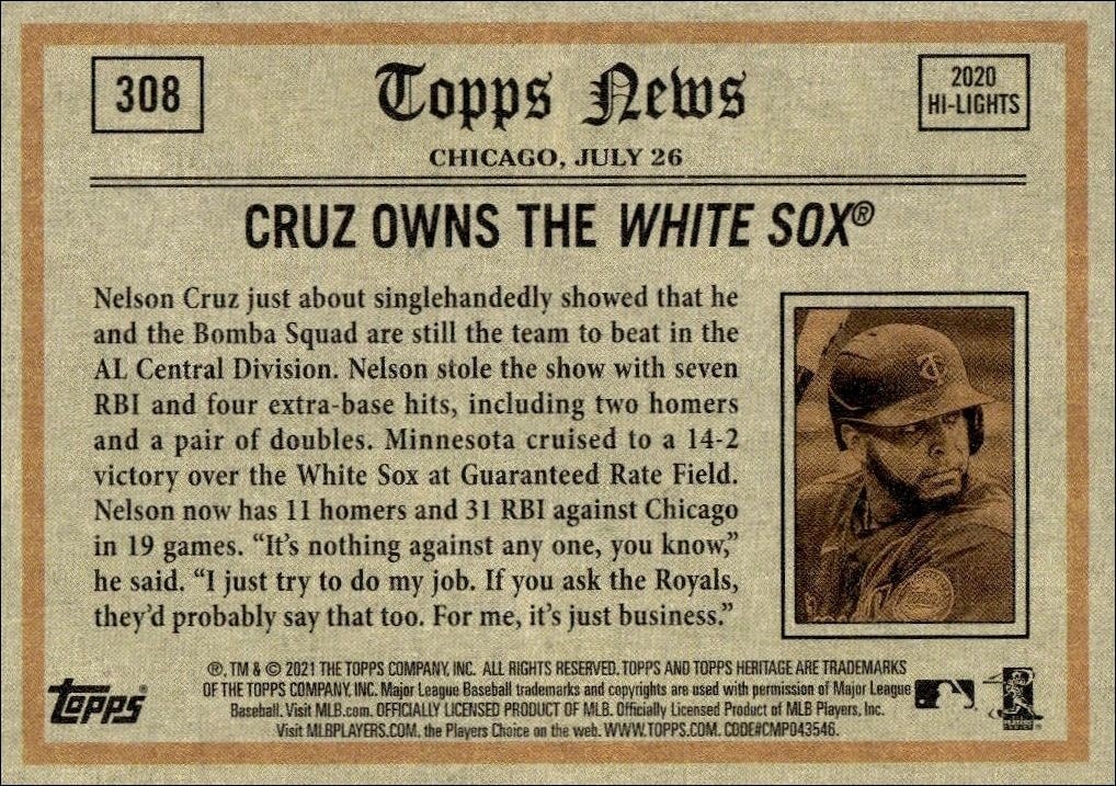 2021 Topps Heritage Nelson Cruz #308 baseball trading card back
