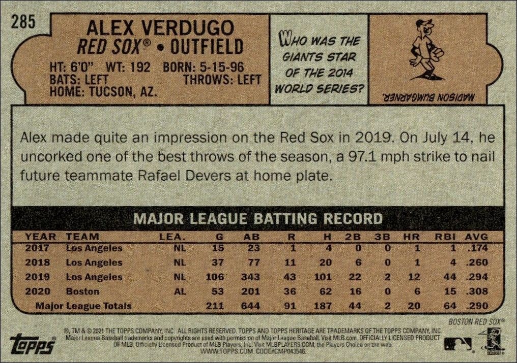 2021 Topps Heritage Alex Verdugo #285 baseball trading card back