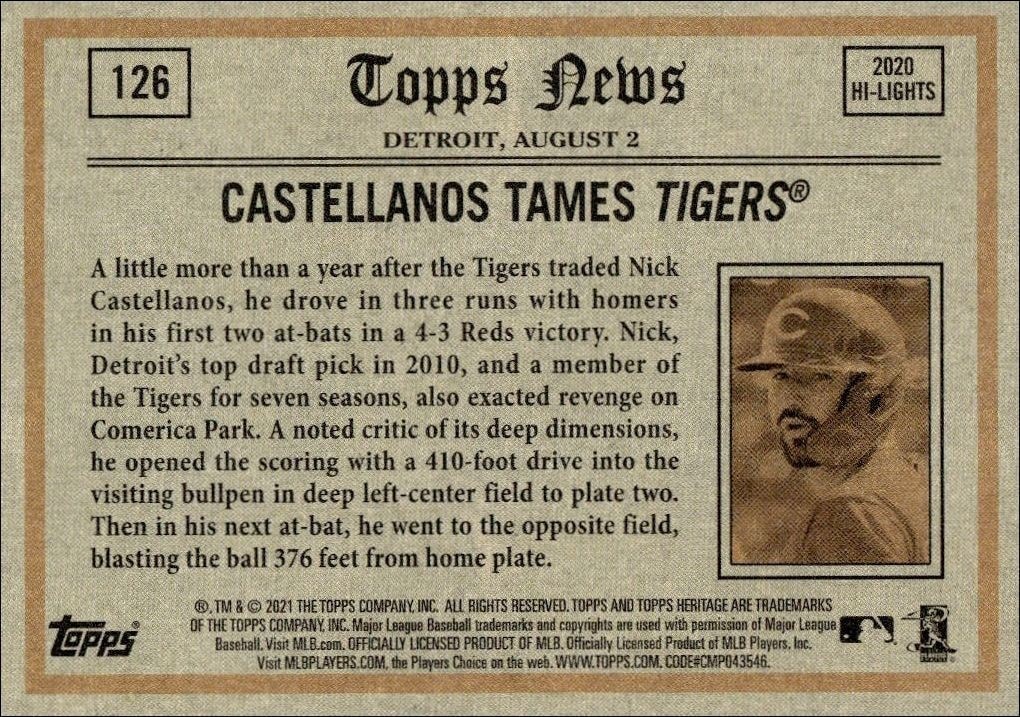 2021 Topps Heritage Nick Castellanos #126 baseball trading card back