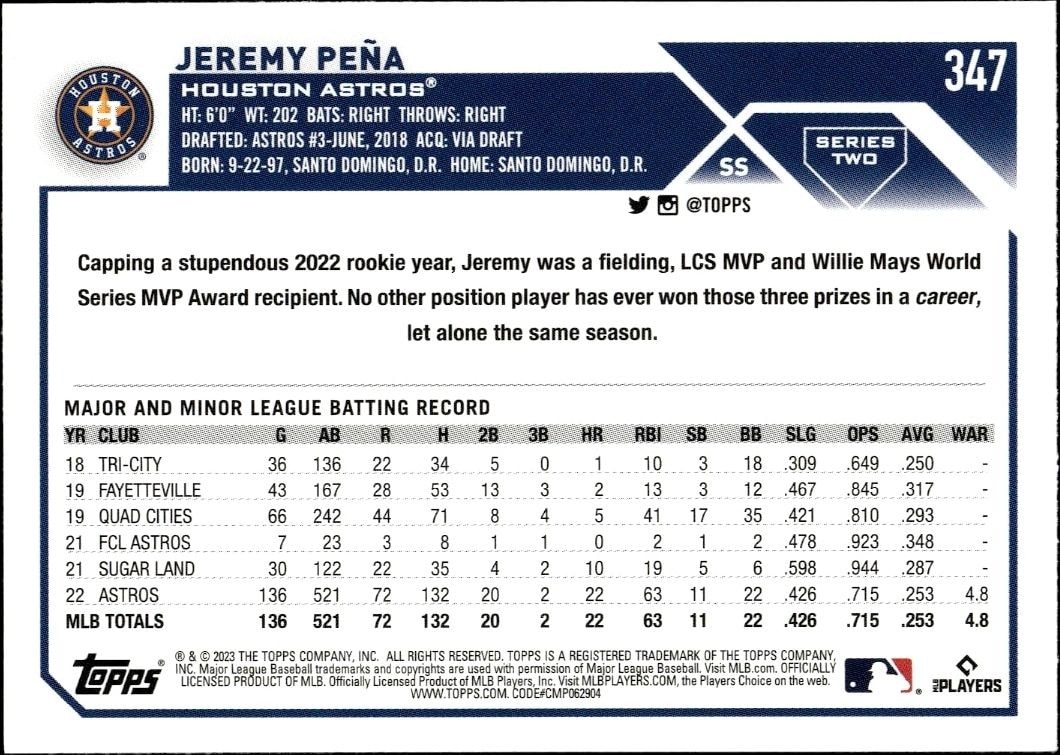 2023 Topps Series 2 Jeremy Pena #347 baseball trading card back