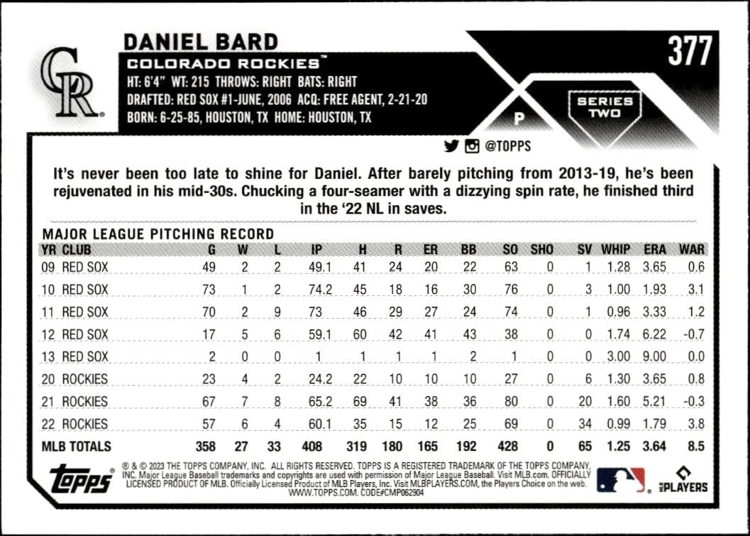 2023 Topps Series 2 Daniel Bard #377 baseball trading card back