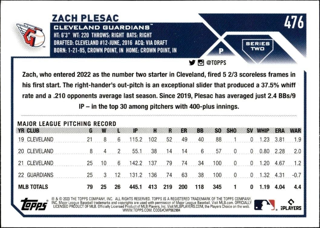 2023 Topps Series 2 Zach Plesac #476 baseball trading card back