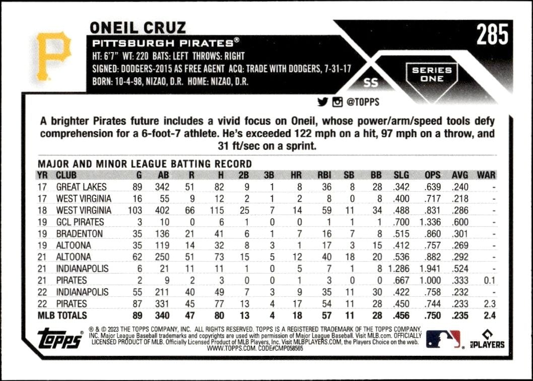 2023 Topps Oneil Cruz #285 baseball trading card back